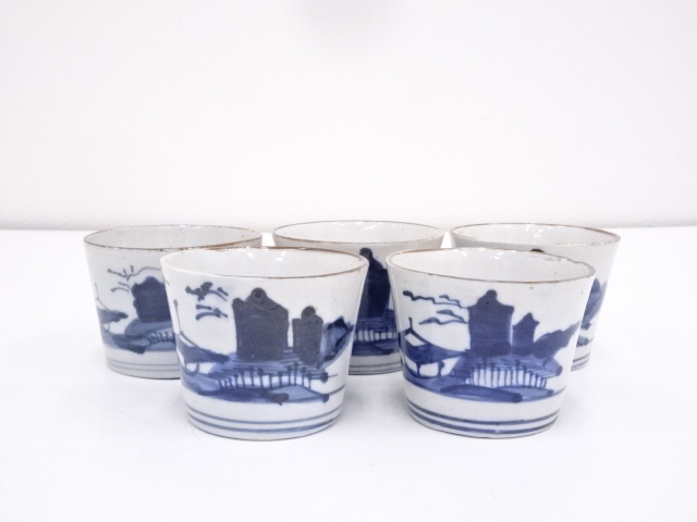 ANTIQUE JAPANESE IMARI / MEJI ERA / SAKE CUP SET OF 5  / BLUE & WHITE PORCELAIN